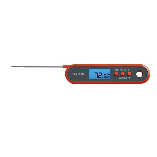 Taylor Digital Waterproof Meat Thermometer for GLP-1 High Protein Meal Prep – Folding Probe for Chicken, Salmon, Steak – Programmable Presets, Backlit Display for Oven, Grill, Orange