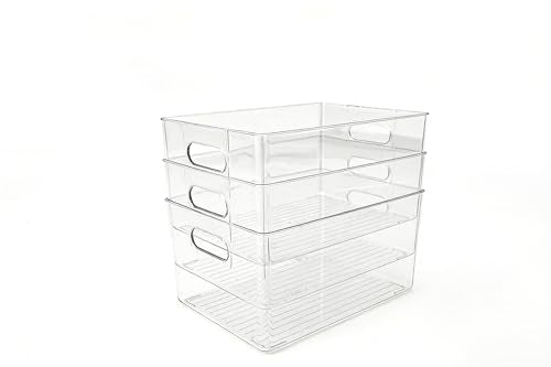6 Pack Thick Clear Stackable Storage Bins, Cabinet Organizer, Plastiic Containers with Handle for Kitchens, Bathrooms and Fridge and Desktop