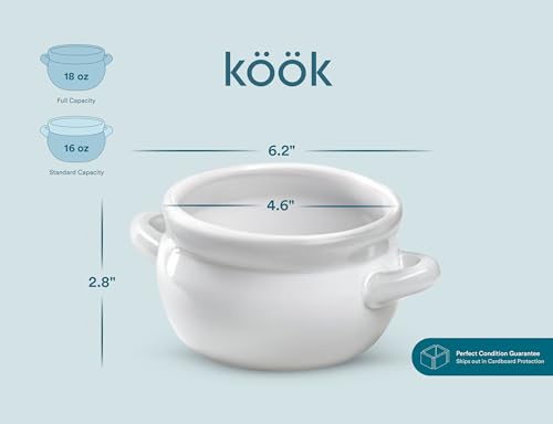 KooK French Onion Soup Crocks with Handles, Ceramic, Dishwasher, Microwave, Oven & Broil Safe, White Set of 4, 18 oz - style: White