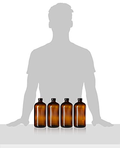kitchentoolz 32 oz Amber Glass Bottles with Funnel – 4 Pack Boston Round Growlers with Polycone Seal Caps for Kombucha Brewing, Juices, Oils, and Film Processing