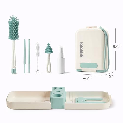lalalark 7-in-1 Baby Bottle Brush Set, BPA Free Silicone Baby Bottle Cleaning Kit with No Scratch Dual-Headed Brush, Nipple Brush,Soap Dispenser & Drying Rack,Travel Cleaner Set with Storage Case,Mint - color: Mint