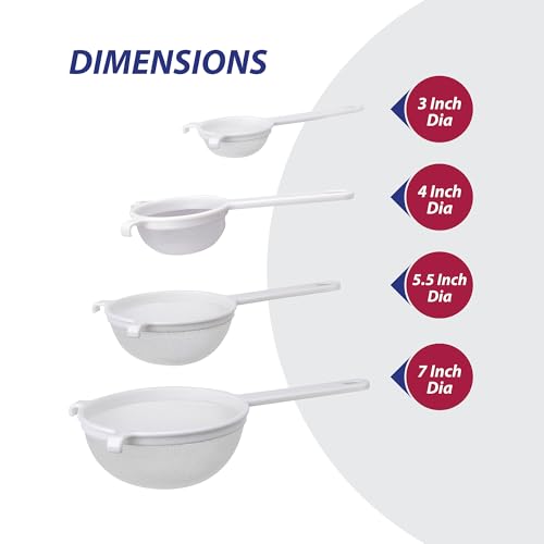 HIC Kitchen Double-Ear Fine Mesh Strainers, BPA Free, Set of 4 Sizes Includes 3, 4, 5.5, and 7-Inch Diameter - color: Double-Ear Fine Mesh White, size: Set of 4 (3-Inch, 4-Inch, 5.5-Inch, 7-Inch)