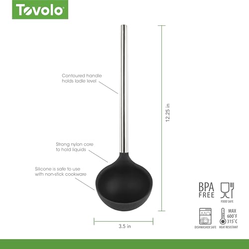 Tovolo Silicone Ladle With Stainless Steel Handle Deep Soup Ladle for Cooking Canning Serving Soup Punch Stew Sauce, Large Kitchen Utensil Spoon Dishwasher Safe BPA Free Silicone Black - color: Black
