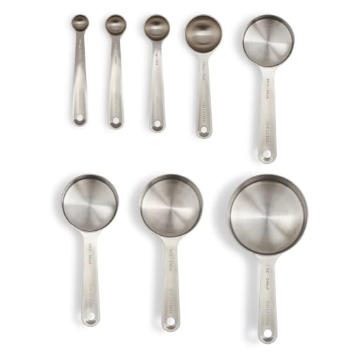 Sur La Table Stainless Steel Measuring Cups & Spoons Set – 8-Piece Kitchen Baking Tool Set with Nesting Design, Easy-Open Ring, Space-Saving Storage – Sizes from ¼ tsp to 1 cup