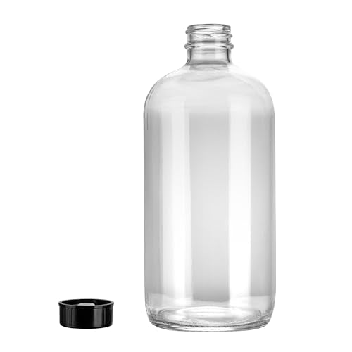 Restaurantware Vetri 16 Ounce Boston Glass Bottles, 12 Bottles With Black Phenolic Caps - Dishwashable, Round, Clear Glass Bottle, For Secondary Kombucha Fermentation, Homemade Essential Oils - color: Clear, size: 16 Ounces