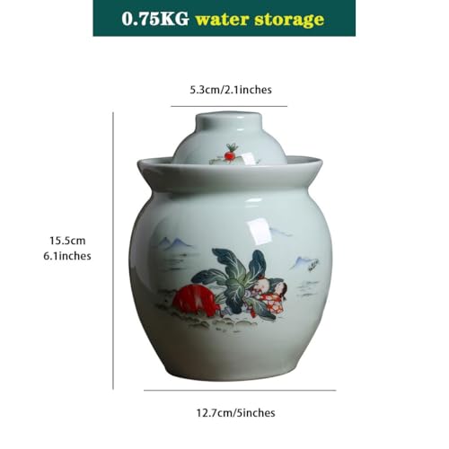 Chinese Jingdezhen Ceramics Pickle Jar, Water-Sealed Traditional Fermentation Crock, Spicy Radish Pattern Kimchi Jar, Artistic Decoration(0.75kg) - size: 0.75kg