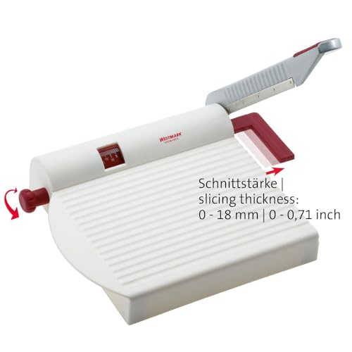 Westmark Adjustable Cheese Slicer with Board & Stainless Steel Sharp Blade, German Cheese Cutter with Precise Thickness Control, Multipurpose Food & Cheese Slicer, Effortless Slicing, White