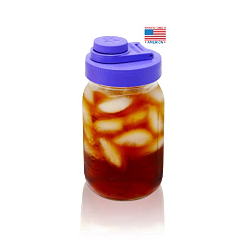 Brewing America Glass Mason Jar Pitcher with Lid - Azure Jar, 1 Quart (32 oz) with Purple Wide Mouth Pour Lid, for Smoothie, Boba, Sun Tea, Cold Coffee Glass Tumbler Cup, 1-Pack - color: Violet Purple