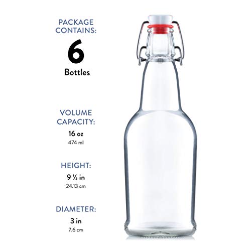 Swing Top Glass Bottles with Airtight Lids, Flip Top, for Carbonated Drinks, Kombucha Bottles, 2nd Fermentation, Water - 16 Ounces - 6 Pack
