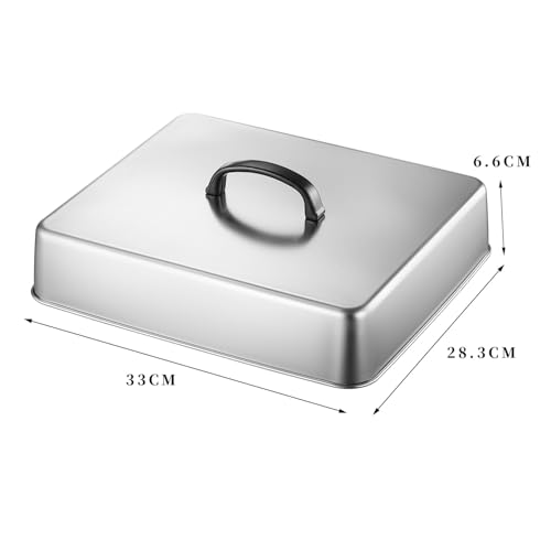 13"(L) x 11"(W) x 2.6"(H) 2Pcs Rectangular Basting Cover & 6.5" Round Flat Cast Iron Smash Burger Press, Stainless Steel Grill Cover Lid for Outdoor/Indoor Cooking, Cheese Melting Dome, Basting Cover