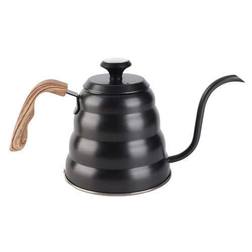 Gooseneck Coffee Kettle, Precision Pouring Brewing Pot for Home Kitchen Stainless Steel Black 1.2L with Thermometer Wood Handle