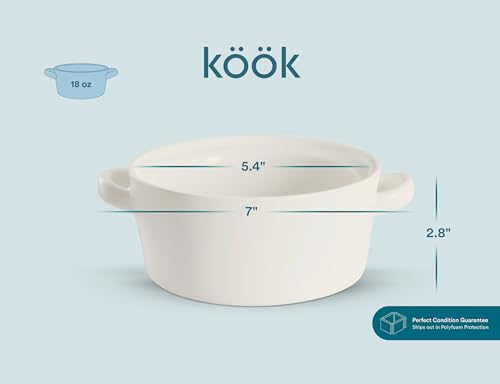 KooK Ceramic Soup Crocks, 18 oz, Set of 4, Matte White | Stackable Bowls, Broil Safe, Oven Safe, Microwave Safe, Dishwasher Safe - color: Matte White