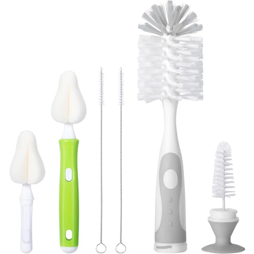 CAREBABYMORE Baby Bottle Brush with One Base Hidden Nylon Nipple Cleaner, 2 Pcs Sponge Nipple Brushes, 2 Pcs Straw Brushes, Bottle Brush with Nipple Cleaner and Suction Cup (Gray) - color: Gray