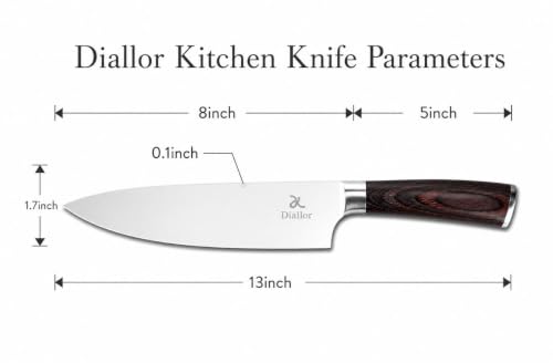 Diallor Chef Knife, 8-Inch Stainless Steel Blade, Ergonomic Wooden Handle, Precision Cutting and Slicing, 13 Inch Overall Length.