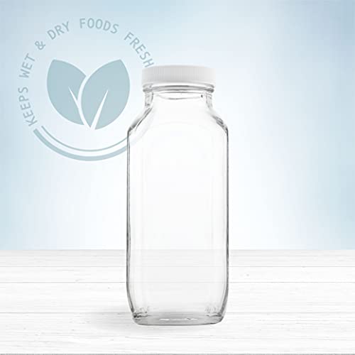 kitchentoolz 16oz Glass Milk Bottles with Lids – 16 oz Reusable Glass Bottles for Milk, Creamer, Juice, Smoothies, Kefir & Yogurt – Airtight Square Drinking Jars for Lunch Box & Fridge – 4 Pack - color: 16oz, style: 4 Pack