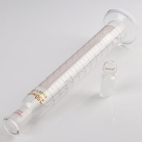 stonylab Measuring Cylinder with Stopper, 250 ml Heavy Wall Borosilicate Glass Measuring Graduated Cylinder with 24/40 Standard Ground Joint and Flat Head Stopper, 1 Pack