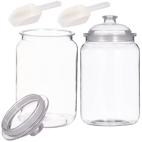 2 Pcs Plastic Candy Jars with Lids, 1 Gallon Large Food Storage Container with Airtight Seal and Wide Mouth, Clear PET Cookie Jar with Scoop for Kitchen, Pantry, 5.9 x 10.8 In