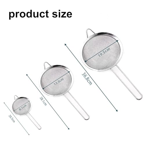 3Pcs Stainless Steel Fine Mesh Strainer Set (Small/Medium/Large) – Metal Sieve Sifter with Handle, Ideal for Rice/Juice/Quinoa/Flour, Kitchen Baking & Straining Tools