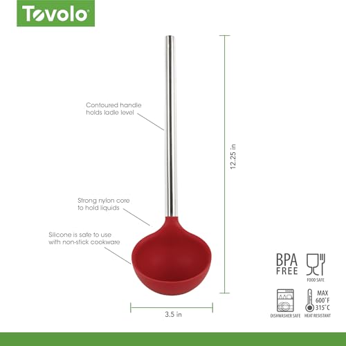 Tovolo Silicone Ladle With Stainless Steel Handle Deep Soup Ladle for Cooking Canning Serving Soup Punch Stew Sauce, Large Kitchen Utensil Spoon Dishwasher Safe BPA Free Silicone Cayenne Red - color: Cayenne