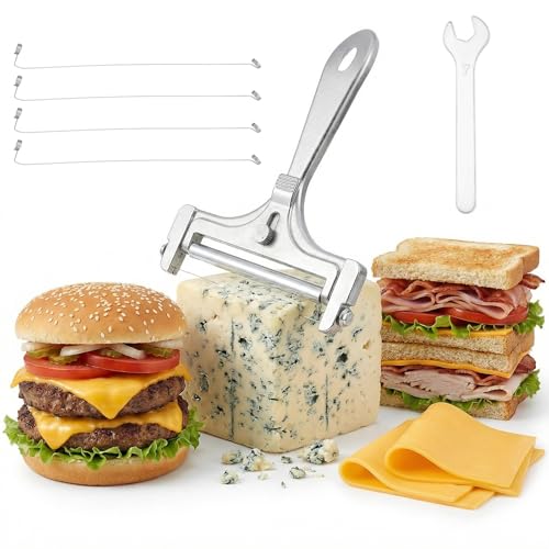 TIESOME Cheese Cutter, Stainless Steel Handheld Wire Cheese Slicer with 4 Extra Wires & Wrench Adjustable Butter Block Cutter Cheese Slicers for Block Cheese Mozzarella Cheddar Gruyere(Frosted)