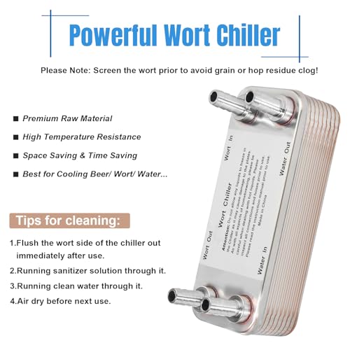 FERRODAY Wort Chiller, 20 Plate 1/2 Barb Fitting Plate wort Chiller, Stainless Steel Brazed Plate Heat Exchanger for Homebrew, beer brewing chiller Wort Cooler Heat Exchanger-7.5" x 1.9"