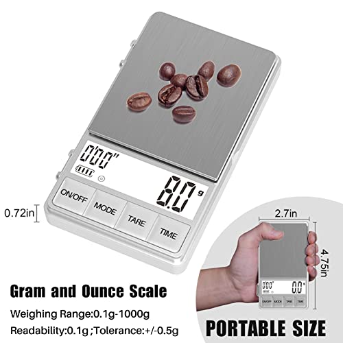 WEIGHTMAN Small Coffee Scale with Timer, 1000g x 0.1g, Mini Espresso Scale | Stainless Steel Food Scale for Grams and Ounces, Large Backlit LCD, Travel Pocket Scale for Pour Over Coffee, Tea and Baking - color: Silver