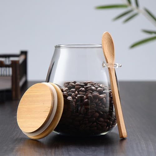 Airtight glass jar storage container with bamboo lid Set of 2, wide mouth, leak-proof, With a spoon, can be used for coffee beans, tea leaves, grains, dried fruits, etc (Middle) - color: Middle