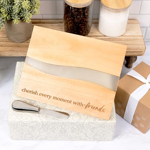 Pavilion Gift Company - Cherish Every Moment With Friends - 9" x 7" Serving Cheese Bread Wooden & Resin Board With Brushed Silver Spreader Knife Set Housewarming Hostess Host Charcuterie Friendship