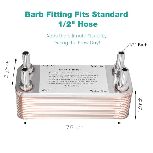 MRbrew Wort Chiller 20 Plates, 1/2 Barb Fitting Connection, Brazed Plate Copper Heat Exchanger for Homebrew, Stainless Steel 7.5" x 2.9" Plate, Hot Liquid Accelerated Cooler Quick Beer Cooling System
