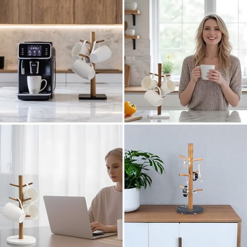 Buruis Wood Mug Holder, Marble Base Cup Rack Tree, Cup Stand Hanger, Kitchen Coffee Mug Tree Countertop Tea Cups Holder Stand, Coffee Mugs Dryer with 6 Hooks, White - color: Square base White