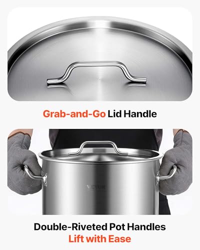 VEVOR Stainless Steel Stockpot, 42 Quart Large Cooking Pots, Cookware Sauce Pot with Strainer, Lid, and Handle, Heavy Duty Commercial Grade Stock Pot, Sanding Treatment, for Large Groups Events Silver - size: 42 Quarts