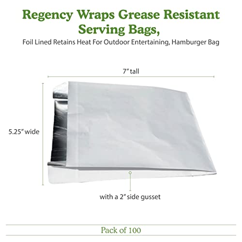 Regency Wraps Grease Resistant Snack Serving Bags, Foil Lined, Pack of 100 For Burgers, Sandwiches, Panini's, Pitas, Insulated to Keep food Warm - size: Pack of 100, style: Hamburger Bag