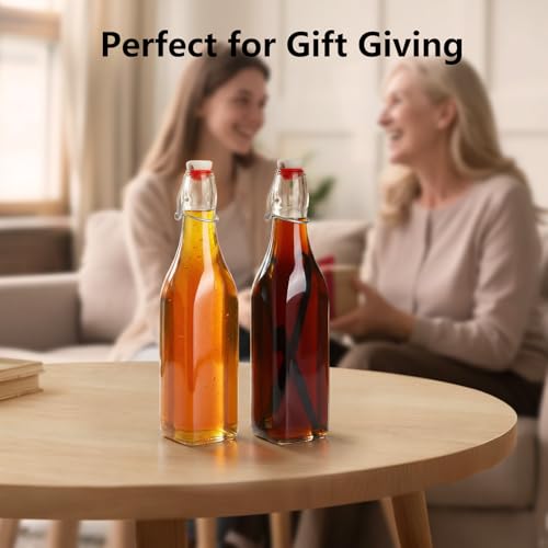 Ruckae Square Swing Top Glass Bottles with Lids Kombucha Coquito Flip Top Glass Bottle for Syrup Vanilla Extract Brew Beer Kefir Air Tight Bottles for Gift (16 oz 8 pack) - size: 16 oz 8 pack