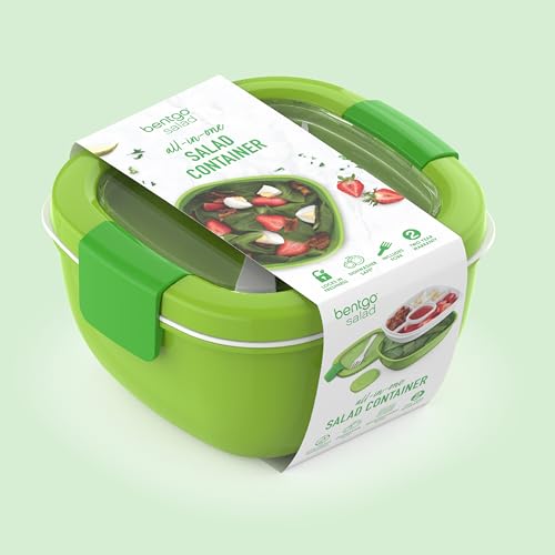 Bentgo Salad Container - 54 oz Bowl with 4-Compartment Toppings Tray, Leak-Proof Dressing Container, Reusable Fork, BPA-Free Lunch Box for Meal Prep & Food Storage; Removable Bento Tray (Green) - color: Green