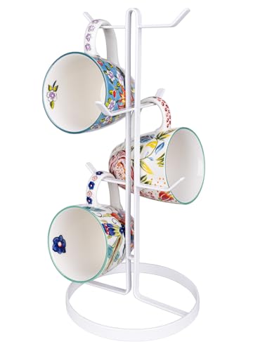 Mug Holder Tree,Coffee Mug Tree with 6 Hooks, Coffee Cup Holder,Stainless Steel Home Storage Mug Standing Rack for Big Mugs,Coffee Cup Countertop Stand Holders (White) - color: White