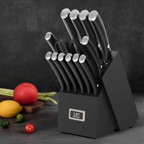 WANGMAZI Professional Kitchen Knife Set, 15 Pcs Sharp Kitchen Knife Set with Built-In Knife Sharpener, Dishwasher Safe, German Stainless Steel Knife Block Set for Home Kitchen Gifts, Black - color: 03-Black