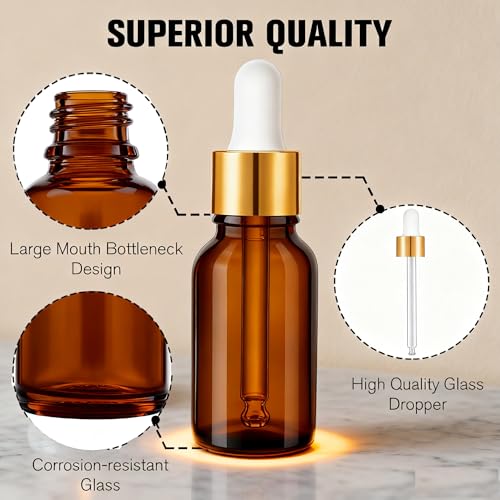 PrettyCare Glass Eye Dropper Bottles 99 Pack, 0.5oz (15ml) Small Amber Empty Thick Bottles with Leakproof Golden Caps - With Labels & Funnels for Storage, Travel, Essential Oils, Tinctures - color: 0.5oz Amber, style: 99 Pack