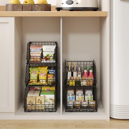 3-Tier Stackable Wire Baskets for Counter, Fruit and Vegetable Storage, Potato and Onion Storage Bin,Kitchen Pantry Organizer - Wall Basket for Produce/Snack/Can, Black - size: 3-tier Large