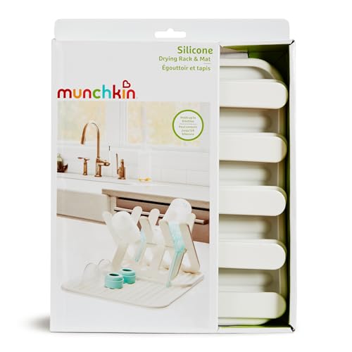 Munchkin Bottle Drying Rack and Mat, Holds 8 Bottles, Pump Parts, Pacifiers, & Accessories, Space Saving Folding Design, Home and Travel Use, Silicone, White