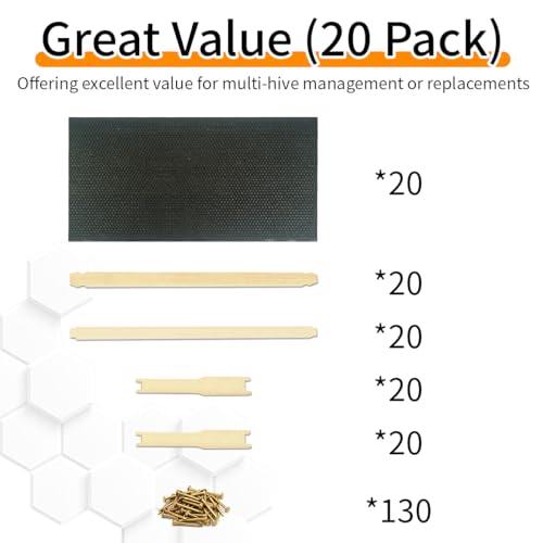 20 Pack Beehive Frames and Wax Foundations for Deep Brood Bee Hives Frames with 100% Beeswax Coated Foundations Sheets Deep Honey Bee Frames and Foundations for Beekeeping - size: 20-Pack