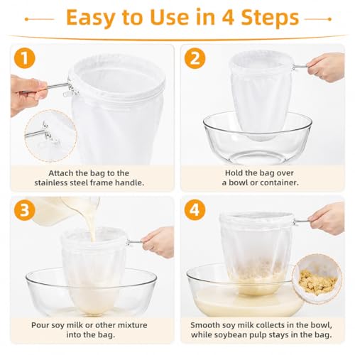 RAINFLOW Ultra Fine Mesh Strainer Bags - 3 Pcs Nut Milk Bag Reusable, Cheese Cloth Bag for Straining, Fine Mesh Strainer for Milk, Coffee, Juice, Yogurt, Stainless Steel Handle, Kitchen Filter Bags