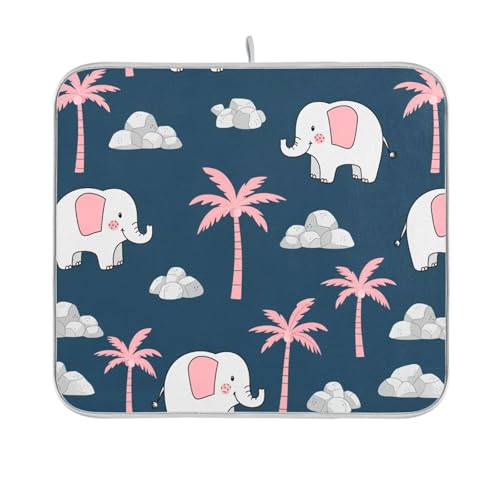 Elephant Coconut Tree Dish Drying Mat for Kitchen Counter Super Absorbent Draining Mat with Non-slip Backed Dish Drying Pad for Dish Bottles Cups Bowl Draining Racks Countertops Sinks