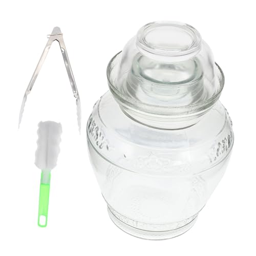 Glass Pickle Jar Set 5lb Thickened Airtight Fermentation Crock with Lid, Brush, and Tongs for Household Pickled Vegetables Storage and Sichuan Sauerkraut