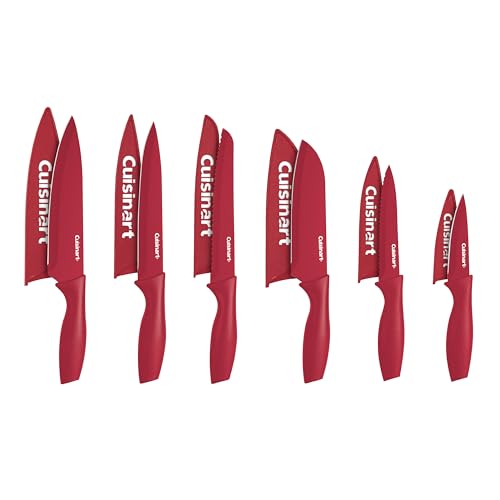 Cuisinart Knife Set, 12pc Ceramic Coated Knife Set with 6 Blades & 6 Blade Guards, Lightweight, Stainless Steel, Durable & Dishwasher Safe (Red) - color: Red