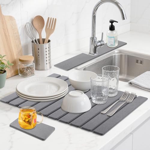 Diatomaceous Stone Drying Mat for Kitchen Counter with Sink Faucet Mat, Gray Absorbent Quick Dry Dish Drying Mat Set, Diatomite Stone Slat Countertop Pad for Dishes, Cups - color: Gray