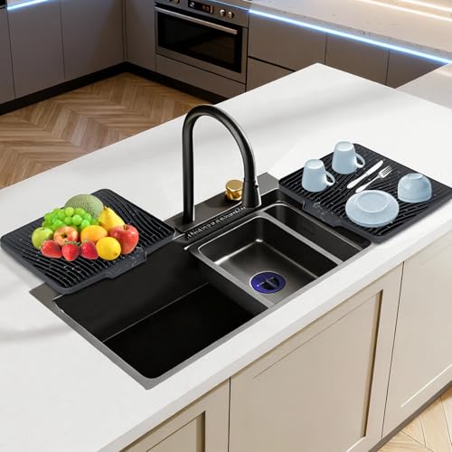 Silicone Dish Drying Mat for Kitchen counter, 19.7"x17" 2Pcs Extra Large Non-Slip Drain Pad with Built-in Drainage, Heat Resistant Dishwasher Safe, Black - color: Black-2pcs, size: 19.7" x 17"