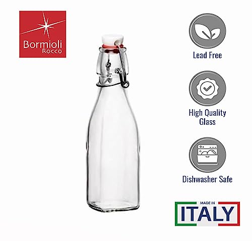 Bormioli Rocco Swing Top Glass Bottle (Set of 4) - 8.5 oz Reusable Container with Secure Metal Clasp, Ideal for Homemade Juices, Oil Infusions, Condiments, Mixers - Everyday Drinking Glasses - size: 8.5 Oz.