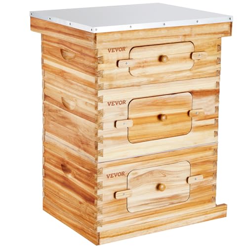 VEVOR Bee Hive 10 Frame Bee Hives Starter Kit, Beeswax Coated Fir Wood, 2 Deep + 1 Medium Bee Boxes Langstroth Beehive Kit, Transparent Acrylic Windows with Foundations for Beginners Pro Beekeepers - size: Deep Box x 2+ Medium Box x 1