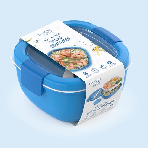 Bentgo Salad Container - 54 oz Bowl with 4-Compartment Toppings Tray, Leak-Proof Dressing Container, Reusable Fork, BPA-Free Lunch Box for Meal Prep & Food Storage; Removable Bento Tray (Blue) - color: Blue