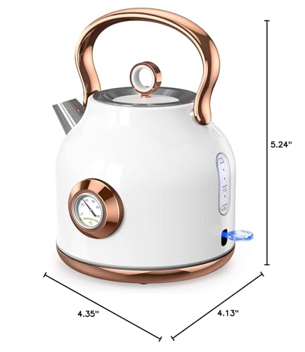 Retro Electric Kettle, 1.7L Stainless Steel Tea Kettle with Large Temperature Gauge, 1500W Fast Heating Hot Water Boiler with LED Indicator, Auto Shut-off & Boil-Dry Protection-Reteo White - color: Retro White
